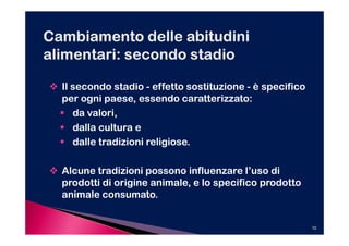 Il secondo stadio - effetto sostituzione - è specifico
per ogni paese, essendo caratterizzato:
   da valori,
   dalla cultura e
   dalle tradizioni religiose.

Alcune tradizioni possono influenzare l’uso di
prodotti di origine animale, e lo specifico prodotto
animale consumato.


                                                         10
 