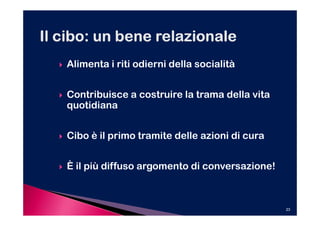 Alimenta i riti odierni della socialità


Contribuisce a costruire la trama della vita
quotidiana


Cibo è il primo tramite delle azioni di cura


È il più diffuso argomento di conversazione!



                                               23
 