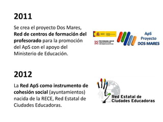2011
Se crea el proyecto Dos Mares,
Red de centros de formación del
profesorado para la promoción
del ApS con el apoyo del...