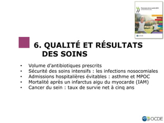 • Volume d’antibiotiques prescrits
• Sécurité des soins intensifs : les infections nosocomiales
• Admissions hospitalières évitables : asthme et MPOC
• Mortalité après un infarctus aigu du myocarde (IAM)
• Cancer du sein : taux de survie net à cinq ans
6. QUALITÉ ET RÉSULTATS
DES SOINS
 