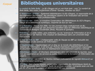Bibliothèques universitaires Le nombril de Belle  Beille  :  La BU d’Angers est un vrai think tank : voici “Le nombril de Belle Beille, bloc-notes [im]pertinent d’Olivier Tacheau, directeur du SICD :      Assessment   Librarian  :   Egalement bibliothécaire à la BU d’Angers, ce responsable de la documentation électronique, des périodiques papiers et de l’évaluation des services expose ses problématiques professionnelles. De tout sur rien  :  Enfin, un troixième Conservateur des Bibliothèques du SCD d’Angers, chargé de la bibliothèque numérique, s’exprime de tout sur rien…..      Le  Buboblog  :  Depuis mai 2006, l’un des premiers blogs institutionnels de BU, collaboratif car alimenté par des personnes travaillant dans les différentes bibliothèques de l’Université de Bretagne Occidentale (Brest, Plouzané et Quimper). Pintiniblog  :   La veille métier, sans prétention, sur les “sciences de l’information et de la documentation” de Fabrizio Tinti, employé de bibliothèque dans une université belge francophone.      Tour de Toile du BBF  :  L’indispensable veille de l’équipe du BBF sur l’actualité des bibliothèques et des sciences de l’information !    Vagabondages :   Vagabondages est un blog sur le monde des bibliothèques et les Sciences de l’information. Il est tenu par Thomas Chaimbault, bibliothécaire responsable de documents numériques dans un établissement d’enseignement supérieur lyonnais. Bibliothèque = Public :  JC Brochard, bibliothécaire dans une université du Sud-Est, nous livre son expérience sur les services au public, notamment la formation et l’information des usagers.  Marlene's corner :  Les billets de Marlène Delhaye (cofondatrice du regretté  Biblioacid ) sur la documentation numérique.  JC |  Blog  :  Jean-charles Houpier, conservateur responsable des bibliothèques Santé du SCD de l’Université Henri Poincaré, fouille les archives ouvertes ; il propose aussi une liste des BU offrant à leurs usagers un abonnement RSS aux nouveautés.   /Corpus/ 