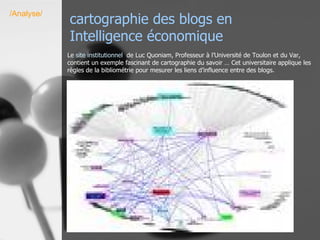 cartographie des blogs en Intelligence économique /Analyse/ Le  site institutionnel   de Luc Quoniam, Professeur à l’Université de Toulon et du Var, contient un exemple fascinant de cartographie du savoir … Cet universitaire applique les règles de la bibliométrie pour mesurer les liens d’influence entre des blogs. 