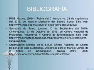 BIBLIOGRAFÍA
• IMSS Mexico. (2014). Fiebre del Chikungunya. 23 de septiembre
del 2015, de Instituto Mexicano del Seguro Social Sitio web:
http://www.imss.gob.mx/salud-en-linea/fiebre-chikungunya
• Secretaria de Salud. (Jueves 10 de Septiembre del 2015).
Chikungunya. 23 de Octubre del 2015, de Centro Nacional de
Programas Preventivos y Control de Enfermedades Sitio web:
http://www.cenaprece.salud.gob.mx/programas/interior/vectores/chi
kungunya.html
• Organización Mundial de la Salud, Oficina Regional de Oficina
Regional de Asia Sudoriental, Directrices para el Manejo Clínico de
la fiebre de Chikungunya. Nueva Delhi, 2008.
http://www.who.int/mediacentre/factsheets/fs327/en/
 