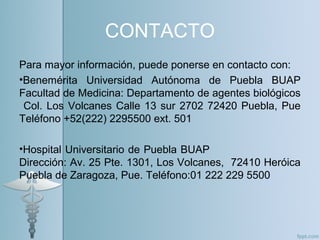 CONTACTO
Para mayor información, puede ponerse en contacto con:
•Benemérita Universidad Autónoma de Puebla BUAP
Facultad de Medicina: Departamento de agentes biológicos
Col. Los Volcanes Calle 13 sur 2702 72420 Puebla, Pue
Teléfono +52(222) 2295500 ext. 501
•Hospital Universitario de Puebla BUAP
Dirección: Av. 25 Pte. 1301, Los Volcanes, 72410 Heróica
Puebla de Zaragoza, Pue. Teléfono:01 222 229 5500
 