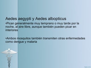 Aedes aegypti y Aedes albopticus
•Pican generalmente muy temprano o muy tarde por la
noche, al aire libre, aunque también pueden picar en
interiores
•Ambos mosquitos también transmiten otras enfermedades
como dengue y malaria
 