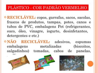 PLÁSTICO - COR PADRÃO VERMELHO

 RECICLÁVEL:     copos, garrafas, sacos, sacolas,
 frascos de produtos, tampas, potes, canos e
 tubos de PVC, embalagens Pet (refrigerantes,
 suco, óleo, vinagre, iogurte, desinfetantes,
 detergentes e etc.)
 NÃO      RECICLÁVEL: adesivos, espumas
 embalagens       metalizadas    (biscoitos,
 salgadinhos) tomadas, cabos de panelas,
 acrílico.
 