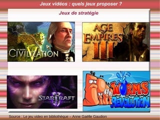Jeux de stratégie
Source : Le jeu video en bibliothèque – Anne Gaëlle Gaudion
Jeux vidéos : quels jeux proposer ?
 