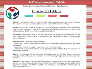 Source : Qu'est-ce qu'un Fablab en bibliothèque – Julien Devriendt
Actions culturelles : Fablab
 