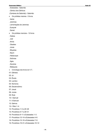 Panorama Bíblico

A u la 0 2

. Eclesiastes - Salomão
. Cântico dos Cânticos
(Cantares de Salomão) - Salomão
•

Os profetas maiores - 5 livros

. Isaías
. Jeremias
. Lamentações de Jeremias
. Ezequiel
. Daniel
•

Os profetas menores - 12 livros

. Oséias
. Joel
. Amós
. Obadias
. Jonas
. Miquéias
. Naum
. Habacuque
. Sofonias
. Ageu
. Zacarias
. Malaquias
•

Cronologia dos livros do V.T.:

01- Gênesis
02- Jó
03- Êxodo
04- Levítico
05- Números
06- Deuteronômio
07- Josué
08- Juizes
09- Rute
10- I Samuel
11- II Samuel
12- Salmos
13- I Reis 1~4
14- Provérbios 1~3 e 25~28
15- Provérbios 4~7 e 29~31
16- Provérbios 8~11 e Eclesiastes 1~3
17- Provérbios 12~14 e Eclesiastes 4~6
18- Provérbios 15~18 e Eclesiastes 7~9
19- Provérbios 19~21 e Eclesiastes 10~12
- 9-

 