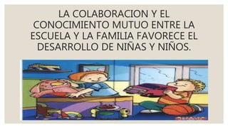 LA COLABORACION Y EL
CONOCIMIENTO MUTUO ENTRE LA
ESCUELA Y LA FAMILIA FAVORECE EL
DESARROLLO DE NIÑAS Y NIÑOS.
 