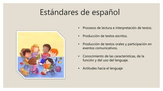 Estándares de español
• Procesos de lectura e interpretación de textos.
• Producción de textos escritos.
• Producción de textos orales y participación en
eventos comunicativos.
• Conocimiento de las características, de la
función y del uso del lenguaje.
• Actitudes hacia el lenguaje
 