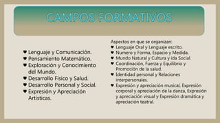 ♥ Lenguaje y Comunicación.
♥ Pensamiento Matemático.
♥ Exploración y Conocimiento
del Mundo.
♥ Desarrollo Físico y Salud.
♥ Desarrollo Personal y Social.
♥ Expresión y Apreciación
Artísticas.
Aspectos en que se organizan:
♥ Lenguaje Oral y Lenguaje escrito.
♥ Numero y Forma, Espacio y Medida.
♥ Mundo Natural y Cultura y ida Social.
♥ Coordinación, Fuerza y Equilibrio y
Promoción de la salud.
♥ Identidad personal y Relaciones
interpersonales.
♥ Expresión y apreciación musical, Expresión
corporal y apreciación de la danza, Expresión
y apreciación visual y Expresión dramática y
apreciación teatral.
 