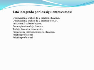 Está integrado por los siguientes cursos:
Observación y análisis de la práctica educativa.
Observación y análisis de la práctica escolar .
Iniciación al trabajo docente.
Estrategias de trabajo docente.
Trabajo docente e innovación.
Proyectos de intervención socioeducativa.
Práctica profesional.
Práctica profesional.
 