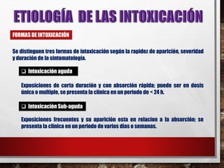 FORMAS DE INTOXICACIÓN 
Se distinguen tres formas de intoxicación según la rapidez de aparición, severidad 
y duración de la sintomatología. 
 Intoxicación aguda 
Exposiciones de corta duración y con absorción rápida; puede ser en dosis 
única o multiple, se presenta la clínica en un periodo de < 24 h. 
 Intoxicación Sub-aguda 
Exposiciones frecuentes y su aparición esta en relacion a la absorción; se 
presenta la clínica en un periodo de varios días o semanas. 
 