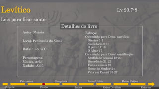 Levítico
Leis para ficar santo
Lv 20.7-8
Detalhes do livro
Autor: Moisés
Local: Península do Sinai
Data: 1.450 a.C.
Personagens:
Moisés, Arão
Nadabe, Abiú
Esboço:
O caminho para Deus: sacrifício
Ofertas 1-7
Sacerdócio 8-10
O povo 11-16
O Altar 17
O caminho para Deus: santificação
Santidade pessoal 18-20
Sacerdócio 21-22
Festas anuais 23
Nome do Senhor 24
Vida em Canaã 25-27
Origens
Patriarcas
Êxodo
Conquista
Juízes
Reino Unido
Reino Dividido
Reino Cativo
Retorno
 