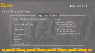 Ester
A providência de Deus
Ester 4.12-14
Detalhes do livro
Autor: Mordecai? Esdras? Neemias?
Local: Susã na Pérsia
Data: 460 a.C.
Personagens:
Ester
Mordecai
Hamã
Assuero (Xerxes)
Esboço:
A ameaça aos judeus
Escolha de Ester 1-2
O plano de Hamã 3-4
Vitória dos judeus
Hamã humilhado 5-7
Inimigos derrotados 8-10
Origens
Patriarcas
Êxodo
Conquista
Juízes
Reino Unido
Reino Dividido
Reino Cativo
Retorno
 