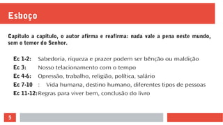 5
Esboço
Capítulo a capítulo, o autor afirma e reafirma: nada vale a pena neste mundo,
sem o temor do Senhor.
Ec 1-2: Sabedoria, riqueza e prazer podem ser bênção ou maldição
Ec 3: Nosso telacionamento com o tempo
Ec 4-6: Opressão, trabalho, religião, política, salário
Ec 7-10 : Vida humana, destino humano, diferentes tipos de pessoas
Ec 11-12:Regras para viver bem, conclusão do livro
 