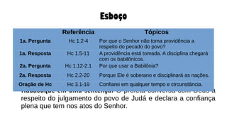 Esboço
● Habacuque em uma sentença: O profeta conversa com Deus a
respeito do julgamento do povo de Judá e declara a confiança
plena que tem nos atos do Senhor.
Referência Tópicos
1a. Pergunta Hc 1.2-4 Por que o Senhor não toma providência a
respeito do pecado do povo?
1a. Resposta Hc 1.5-11 A providência está tomada. A disciplina chegará
com os babilônicos.
2a. Pergunta Hc 1.12-2.1 Por que usar a Babilônia?
2a. Resposta Hc 2.2-20 Porque Ele é soberano e disciplinará as nações.
Oração de Hc Hc 3.1-19 Confiarei em qualquer tempo e circunstância.
 