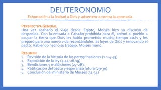 DEUTERONOMIO
Exhortación a la lealtad a Dios y advertencia contra la apostasía.
PERSPECTIVA GENERAL
Una vez acabado el viaje desde Egipto, Moisés hizo su discurso de
despedida. Con la entrada a Canaán prohibida para él, animó al pueblo a
ocupar la tierra que DIOS les había prometido mucho tiempo atrás y les
preparó para una nueva vida recordándoles las leyes de DIOS y renovando el
pacto. Habiendo hecho su trabajo, Moisés murió.
RESUMEN
1. Revisión de la historia de las peregrinaciones (1.1-4.43)
2. Exposición de la ley (4.44-26.19)
3. Bendiciones y maldiciones (27-28)
4. Ratificación del pacto y esperanza futura (29-30)
5. Conclusión del ministerio de Moisés (31-34)
 