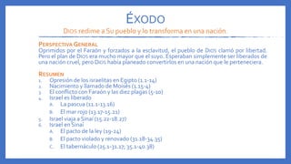 ÉXODO
DIOS redime a Su pueblo y lo transforma en una nación.
PERSPECTIVA GENERAL
Oprimidos por el Faraón y forzados a la esclavitud, el pueblo de DIOS clamó por libertad.
Pero el plan de DIOS era mucho mayor que el suyo. Esperaban simplemente ser liberados de
una nación cruel, pero DIOS había planeado convertirlos en una nación que le perteneciera.
RESUMEN
1. Opresión de los israelitas en Egipto (1.1-14)
2. Nacimiento y llamado de Moisés (1.15-4)
3. El conflicto con Faraón y las diez plagas (5-10)
4. Israel es liberado
A. La pascua (11.1-13.16)
B. El mar rojo (13.17-15.21)
5. Israel viaja a Sinaí (15.22-18.27)
6. Israel en Sinaí
A. El pacto de la ley (19-24)
B. El pacto violado y renovado (31.18-34.35)
C. El tabernáculo (25.1-31.17; 35.1-40.38)
 