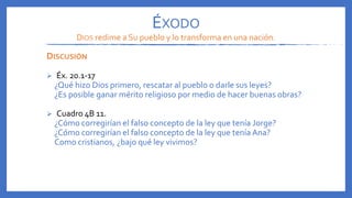 DISCUSIÓN
 Éx. 20.1-17
¿Qué hizo Dios primero, rescatar al pueblo o darle sus leyes?
¿Es posible ganar mérito religioso por medio de hacer buenas obras?
 Cuadro 4B 11.
¿Cómo corregirían el falso concepto de la ley que tenía Jorge?
¿Cómo corregirían el falso concepto de la ley que tenía Ana?
Como cristianos, ¿bajo qué ley vivimos?
ÉXODO
DIOS redime a Su pueblo y lo transforma en una nación.
 