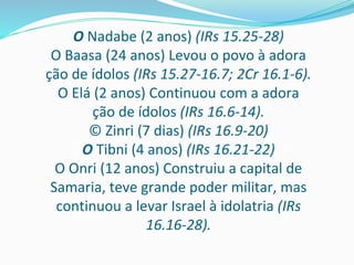 O Nadabe (2 anos) (IRs 15.25-28)
O Baasa (24 anos) Levou o povo à adora
ção de ídolos (IRs 15.27-16.7; 2Cr 16.1-6).
O Elá (2 anos) Continuou com a adora
ção de ídolos (IRs 16.6-14).
© Zinri (7 dias) (IRs 16.9-20)
O Tibni (4 anos) (IRs 16.21-22)
O Onri (12 anos) Construiu a capital de
Samaria, teve grande poder militar, mas
continuou a levar Israel à idolatria (IRs
16.16-28).
 