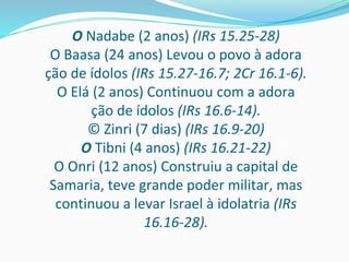O Nadabe (2 anos) (IRs 15.25-28)
O Baasa (24 anos) Levou o povo à adora
ção de ídolos (IRs 15.27-16.7; 2Cr 16.1-6).
O Elá ...