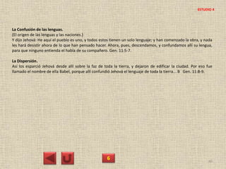 La Confusión de las lenguas.
(El origen de las lenguas y las naciones.)
Y dijo Jehová: He aquí el pueblo es uno, y todos estos tienen un solo lenguaje; y han comenzado la obra, y nada
les hará desistir ahora de lo que han pensado hacer. Ahora, pues, descendamos, y confundamos allí su lengua,
para que ninguno entienda el habla de su compañero. Gen. 11:5-7.
La Dispersión.
Así los esparció Jehová desde allí sobre la faz de toda la tierra, y dejaron de edificar la ciudad. Por eso fue
llamado el nombre de ella Babel, porque allí confundió Jehová el lenguaje de toda la tierra... B Gen. 11:8-9.
6 40
ESTUDIO 4
 