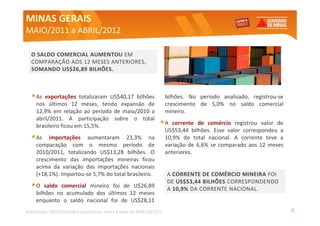MINAS GERAIS
MAIO/2011 a ABRIL/2012

  O SALDO COMERCIAL AUMENTOU EM
  COMPARAÇÃO AOS 12 MESES ANTERIORES,
  SOMANDO US$26,89 BILHÕES.



  • As exportações totalizaram US$40,17 bilhões                     bilhões. No período analisado, registrou-se
    nos últimos 12 meses, tendo expansão de                         crescimento de 5,0% no saldo comercial
    12,9% em relação ao período de maio/2010 a                      mineiro.
    abril/2011. A participação sobre o total
    brasileiro ficou em 15,5%.                                  •A     corrente de comércio registrou valor de
                                                                    US$53,44 bilhões. Esse valor correspondeu a
  • As   importações aumentaram 23,3% na                            10,9% do total nacional. A corrente teve a
    comparação com o mesmo período de                               variação de 6,6% se comparado aos 12 meses
    2010/2011, totalizando US$13,28 bilhões. O                      anteriores.
    crescimento das importações mineiras ficou
    acima da variação das importações nacionais
    (+18,1%). Importou-se 5,7% do total brasileiro.                 A CORRENTE DE COMÉRCIO MINEIRA FOI
                                                                    DE US$53,44 BILHÕES CORRESPONDENDO
  •O    saldo comercial mineiro foi de U$26,89
                                                                    A 10,9% DA CORRENTE NACIONAL.
    bilhões no acumulado dos últimos 12 meses
    enquanto o saldo nacional foi de US$28,11
Elaboração: SEDE/Central Exportaminas, sobre a base de MDIC/SECEX                                                 6
 