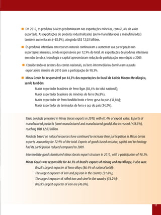 n Em 2010, os produtos básicos predominaram nas exportações mineiras, com 61,4% do valor
  exportado. As exportações de produtos industrializados (semi-manufaturados e manufaturados)
  também aumentaram (+38,5%), atingindo US$ 12,03 bilhões.

n Os produtos intensivos em recursos naturais continuaram a aumentar sua participação nas
  exportações mineiras, sendo responsáveis por 72,9% do total. As exportações de produtos intensivos
  em mão de obra, tecnologia e capital apresentaram redução de participação em relação a 2009.

n Considerando os setores das contas nacionais, os bens intermediários dominaram a pauta
   exportadora mineira de 2010 com a participação de 90,3%.

n Minas Gerais foi responsável por 44,3% das exportações do Brasil da Cadeia Minero-Metalúrgica,
  sendo também:
          Maior exportador brasileiro de ferro-ligas (86,4% do total nacional);
          Maior exportador brasileiro de minérios de ferro (46,8%);
          Maior exportador de ferro fundido bruto e ferro-gusa do país (31,8%);
          Maior exportador de laminados de ferro e aço do país (34,2%).


   Basic products prevailed in Minas Gerais exports in 2010, with 61.4% of export value. Exports of
   manufactured products (semi-manufactured and manufactured goods) also increased (+38.5%),
   reaching USD 12.03 billion.

   Products based on natural resources have continued to increase their participation in Minas Gerais
   exports, accounting for 72.9% of the total. Exports of goods based on labor, capital and technology
   had its participation reduced compared to 2009.

   Intermediate goods dominated Minas Gerais export structure in 2010, with a participation of 90.3%.

   Minas Gerais was responsible for 44.3% of Brazil's exports of mining and metallurgy; it also was:
          Brazil's largest exporter of ferro-alloys (86.4% of national total);
          The largest exporter of iron and pig iron in the country (31.8%);
          The largest exporter of rolled iron and steel in the country (34.2%);
          Brazil's largest exporter of iron ore (46.8%).




                                                                                                         17
 