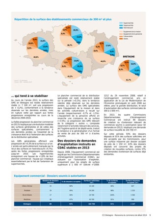 … qui tend à se stabiliser
Au cours de l’année 2013, la surface des
GMS en Bretagne est restée relativement
stable (+ 7 100 m², soit une progression
de + 0,2%), conformément à la tendance
observée sur les dernières années, mais
en rupture nette par rapport aux fortes
progressions enregistrées au cours de la
décennie 2000-2010.
La faible progression du plancher commercial
en2013s’expliqueparuneévolutionmodérée
des surfaces généralistes et de celles des
surfaces spécialisées, contrairement à
ces dernières années où l’essentiel de la
croissance était lié à l’extension des surfaces
de la distribution spécialisée.
Les GMS généralistes affichent une
progression de +0,3% de la surface sur un an.
L’année est particulièrement marquée par le
recul des surfaces en hard-discount (-4,7%),
après les fortes progressions enregistrées
jusqu’en 2010. Les hypermarchés
enregistrent une hausse de +1,8% de leur
plancher commercial : hausse qui s’explique
essentiellement par le fait de l’extension de
supermarchés.
Le plancher commercial de la distribution
spécialisée est resté relativement stable
sur la période (+0,1%), dans la tendance
ralentie déjà observée sur les dernières
années. La surface des GMS spécialisées
dans l’équipement de la maison et dans
les activités culture-loisirs a reculé sur
l’année (respectivement -0,7% et -1,5%).
L’équipement de la personne affiche en
revanche une croissance de sa surface
(+3,5%). La progression des GMS relevant
de la catégorie « autres », composée
notamment d’activités relevant des services,
de l’hygiène-santé et de dépôt-vente, traduit
la tendance à la généralisation d’un format
de vente de plus de 300 m² à d’autres
activités.
Des dossiers de demandes
d’exploitation instruits en
CDAC stables en 2013
Depuis 2008, l’équipement commercial est
régulé par les Commissions Départementales
d’Aménagement Commercial (CDAC), qui
statuent sur l’autorisation d’exploiter,
uniquement pour les projets de surface
supérieure à 1 000 m² (Décret n°2008-
1212 du 24 novembre 2008, relatif à
l’aménagement commercial, pris en
application de la Loi de Modernisation de
l’Economie promulguée en août 2008 qui
relève, pour la grande distribution, le seuil
d’autorisation des surfaces commerciales de
300 à 1 000 m²).
En 2013, les quatre Commissions
Départementales d’Aménagement
Commercial ont instruit 89 dossiers
de création ou d’extension relevant de
commerces soumis à autorisation (pour 92
demandes en 2012), totalisant une demande
de surface nouvelle de 104 700 m².
Sur cette période, 93% des dossiers
déposés et 91% des surfaces sollicitées ont
été acceptés par les Commissions, pour
une surface moyenne par dossier accepté
de près de 1 150 m². 63% des dossiers
déposés ont concerné des projets de
création de nouvelles surfaces, contre 37%
des demandes d’extension de surfaces déjà
existantes.
Nombre de dossiers
déposés
% de dossiers acceptés
Surfaces sollicitées
(m²)
% de surfaces
acceptées
Surface moyenne
acceptée (m²)
Côtes d'Armor 15 80% 15 100 66% 827
Finistère 19 95% 24 200 98% 1 310
Ille-et-Vilaine 17 94% 24 700 100% 1 546
Morbihan 38 97% 40 700 91% 999
Bretagne 89 93% 104 700 91% 1 147
Répartition de la surface des établissements commerciaux de 300 m² et plus
Equipement commercial - Dossiers soumis à autorisation
Source : CCI Bretagne - Champ : ORC, d’après sites préfectures départementales - données 2013
Hypermarchés
Supermarchés
Hard discount
Equipement de la maison
Equipement de la personne
Culture-loisirs
Autres
3,2%
3,9%
4,0%
3,2%
3,5%
13,0%
15,3%
13,0%
9,9%
12,6%
15,5%
14,8%
20,9%
17,6%
16,9%
8,9%
8,9%
9,2%
6,7%
8,3%
10,6%
7,5%
5,8%
9,3%
8,7%
8,2%
8,4%
8,4%
8,4%
8,3%
40,6%
41,2%
38,7%
44,9%
41,7%
BRETAGNE
9CCI Bretagne – Panorama du commerce de détail 2014
Source : CCI Bretagne
Champ : ORC - données 2014
 