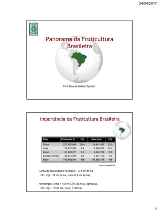 24/04/2017
1
Prof. Marcel Bellato Spósito
Panorama da Fruticultura
Brasileira
Importância da Fruticultura Brasileira
Fonte: Faostat(2015)
•Área da fruticultura no Brasil: 2,4 mi de ha
(Br: soja: 33 mi de ha; cana 8,6 mi de ha)
•Empregos: 2/ha = 4,8 mi (27% da m.o. agrícola).
(Br: soja: 1/100 ha; cana: 1/30 ha)
 