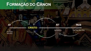 FORMAÇÃO DO CÂNON
AT NT PAIS
Lei
Profetas
Escritos
Apóstolos Escritos dos Pais
CRISTO
 