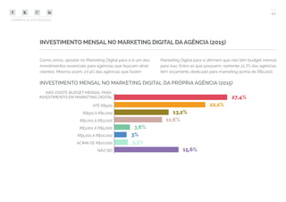 42
COMPARTILHE ESTA PESQUISA!
INVESTIMENTO MENSAL NO MARKETING DIGITAL DA AGÊNCIA (2015)
Como vimos, apostar no Marketing Digital para si é um dos
investimentos essenciais para agências que buscam atrair
clientes. Mesmo assim, 27,4% das agências que fazem
INVESTIMENTO MENSAL NO MARKETING DIGITAL DA PRÓPRIA AGÊNCIA (2015)
Marketing Digital para si afirmam que não têm budget mensal
para isso. Entre as que possuem, somente 21,7% das agências
têm orçamento dedicado para marketing acima de R$1.000.
 