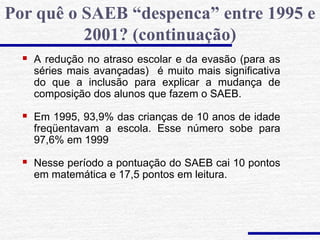  A redução no atraso escolar e da evasão (para as
séries mais avançadas) é muito mais significativa
do que a inclusão para explicar a mudança de
composição dos alunos que fazem o SAEB.
 Em 1995, 93,9% das crianças de 10 anos de idade
freqüentavam a escola. Esse número sobe para
97,6% em 1999
 Nesse período a pontuação do SAEB cai 10 pontos
em matemática e 17,5 pontos em leitura.
Por quê o SAEB “despenca” entre 1995 e
2001? (continuação)
 