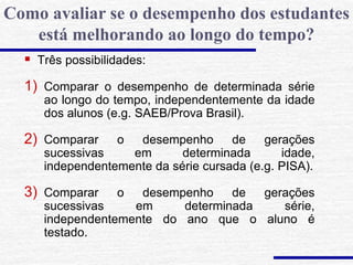  Três possibilidades:
1) Comparar o desempenho de determinada série
ao longo do tempo, independentemente da idade
dos alunos (e.g. SAEB/Prova Brasil).
2) Comparar o desempenho de gerações
sucessivas em determinada idade,
independentemente da série cursada (e.g. PISA).
3) Comparar o desempenho de gerações
sucessivas em determinada série,
independentemente do ano que o aluno é
testado.
Como avaliar se o desempenho dos estudantes
está melhorando ao longo do tempo?
 