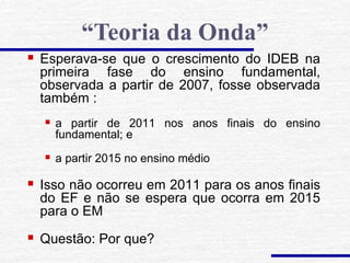  Esperava-se que o crescimento do IDEB na
primeira fase do ensino fundamental,
observada a partir de 2007, fosse observada
também :
 a partir de 2011 nos anos finais do ensino
fundamental; e
 a partir 2015 no ensino médio
 Isso não ocorreu em 2011 para os anos finais
do EF e não se espera que ocorra em 2015
para o EM
 Questão: Por que?
“Teoria da Onda”
 