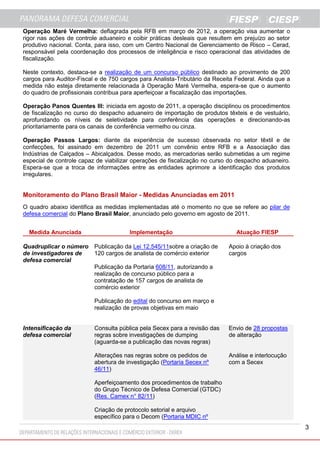 3
Operação Maré Vermelha: deflagrada pela RFB em março de 2012, a operação visa aumentar o
rigor nas ações de controle aduaneiro e coibir práticas desleais que resultem em prejuízo ao setor
produtivo nacional. Conta, para isso, com um Centro Nacional de Gerenciamento de Risco – Cerad,
responsável pela coordenação dos processos de inteligência e risco operacional das atividades de
fiscalização.
Neste contexto, destaca-se a realização de um concurso público destinado ao provimento de 200
cargos para Auditor-Fiscal e de 750 cargos para Analista-Tributário da Receita Federal. Ainda que a
medida não esteja diretamente relacionada à Operação Maré Vermelha, espera-se que o aumento
do quadro de profissionais contribua para aperfeiçoar a fiscalização das importações.
Operação Panos Quentes III: iniciada em agosto de 2011, a operação disciplinou os procedimentos
de fiscalização no curso do despacho aduaneiro de importação de produtos têxteis e de vestuário,
aprofundando os níveis de seletividade para conferência das operações e direcionando-as
prioritariamente para os canais de conferência vermelho ou cinza.
Operação Passos Largos: diante da experiência de sucesso observada no setor têxtil e de
confecções, foi assinado em dezembro de 2011 um convênio entre RFB e a Associação das
Indústrias de Calçados – Abicalçados. Desse modo, as mercadorias serão submetidas a um regime
especial de controle capaz de viabilizar operações de fiscalização no curso do despacho aduaneiro.
Espera-se que a troca de informações entre as entidades aprimore a identificação dos produtos
irregulares.
Monitoramento do Plano Brasil Maior - Medidas Anunciadas em 2011
O quadro abaixo identifica as medidas implementadas até o momento no que se refere ao pilar de
defesa comercial do Plano Brasil Maior, anunciado pelo governo em agosto de 2011.
Medida Anunciada Implementação Atuação FIESP
Quadruplicar o número
de investigadores de
defesa comercial
Publicação da Lei 12.545/11sobre a criação de
120 cargos de analista de comércio exterior
Publicação da Portaria 608/11, autorizando a
realização de concurso público para a
contratação de 157 cargos de analista de
comércio exterior
Publicação do edital do concurso em março e
realização de provas objetivas em maio
Apoio à criação dos
cargos
Intensificação da
defesa comercial
Consulta pública pela Secex para a revisão das
regras sobre investigações de dumping
(aguarda-se a publicação das novas regras)
Alterações nas regras sobre os pedidos de
abertura de investigação (Portaria Secex nº
46/11)
Aperfeiçoamento dos procedimentos de trabalho
do Grupo Técnico de Defesa Comercial (GTDC)
(Res. Camex n° 82/11)
Criação de protocolo setorial e arquivo
específico para o Decom (Portaria MDIC nº
Envio de 28 propostas
de alteração
Análise e interlocução
com a Secex
 