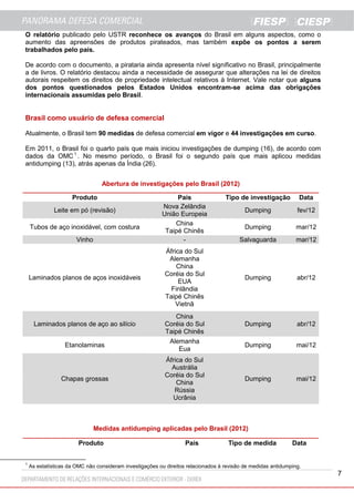 7
O relatório publicado pelo USTR reconhece os avanços do Brasil em alguns aspectos, como o
aumento das apreensões de produtos pirateados, mas também expõe os pontos a serem
trabalhados pelo país.
De acordo com o documento, a pirataria ainda apresenta nível significativo no Brasil, principalmente
a de livros. O relatório destacou ainda a necessidade de assegurar que alterações na lei de direitos
autorais respeitem os direitos de propriedade intelectual relativos à Internet. Vale notar que alguns
dos pontos questionados pelos Estados Unidos encontram-se acima das obrigações
internacionais assumidas pelo Brasil.
Brasil como usuário de defesa comercial
Atualmente, o Brasil tem 90 medidas de defesa comercial em vigor e 44 investigações em curso.
Em 2011, o Brasil foi o quarto país que mais iniciou investigações de dumping (16), de acordo com
dados da OMC 1
. No mesmo período, o Brasil foi o segundo país que mais aplicou medidas
antidumping (13), atrás apenas da Índia (26).
Abertura de investigações pelo Brasil (2012)
Produto País Tipo de investigação Data
Leite em pó (revisão)
Nova Zelândia
União Europeia
Dumping fev/12
Tubos de aço inoxidável, com costura
China
Taipé Chinês
Dumping mar/12
Vinho - Salvaguarda mar/12
Laminados planos de aços inoxidáveis
África do Sul
Alemanha
China
Coréia do Sul
EUA
Finlândia
Taipé Chinês
Vietnã
Dumping abr/12
Laminados planos de aço ao silício
China
Coréia do Sul
Taipé Chinês
Dumping abr/12
Etanolaminas
Alemanha
Eua
Dumping mai/12
Chapas grossas
África do Sul
Austrália
Coréia do Sul
China
Rússia
Ucrânia
Dumping mai/12
Medidas antidumping aplicadas pelo Brasil (2012)
Produto País Tipo de medida Data
1
As estatísticas da OMC não consideram investigações ou direitos relacionados à revisão de medidas antidumping.
 