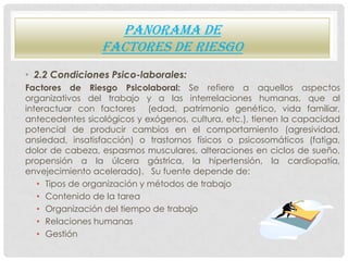 PANORAMA DE
                 FACTORES DE RIESGO
• 2.2 Condiciones Psico-laborales:
Factores de Riesgo Psicolaboral: Se ref...