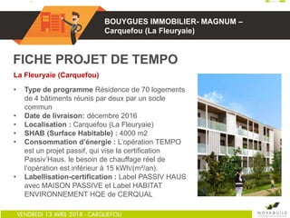 01 BOUYGUES IMMOBILIER- MAGNUM –
Carquefou (La Fleuryaie)
La Fleuryaie (Carquefou)
• Type de programme Résidence de 70 logements
de 4 bâtiments réunis par deux par un socle
commun
• Date de livraison: décembre 2016
• Localisation : Carquefou (La Fleuryaie)
• SHAB (Surface Habitable) : 4000 m2
• Consommation d’énergie : L’opération TEMPO
est un projet passif, qui vise la certification
Passiv’Haus. le besoin de chauffage réel de
l’opération est inférieur à 15 kWh/(m²/an).
• Labellisation-certification : Label PASSIV HAUS
avec MAISON PASSIVE et Label HABITAT
ENVIRONNEMENT HQE de CERQUAL
FICHE PROJET DE TEMPO
 