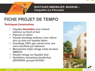 01
Techniques Constructives
 Façades thermibloc avec isolant
intérieur au Nord et Sud
 Pignons en béton
 Façade doublage extérieur avec vêture
zinc ou bois sur façades béton
 Chauffage 100% gaz naturel avec une
mini chaufferie par bâtiment
 Menuiseries triple vitrage mixte alu-bois
(MINCO)
 Double-vitrage sur façades Sud
 Ventilation mécanique double flux
(ZEHNDER, groupe ACOVA)
FICHE PROJET DE TEMPO
BOUYGUES IMMOBILIER- MAGNUM –
Carquefou (La Fleuryaie)
 