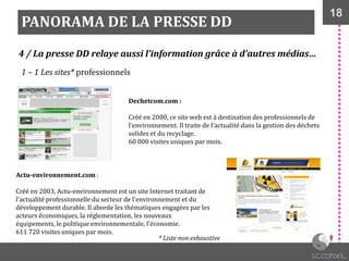 18
PANORAMA DE LA PRESSE DD
4 / La presse DD relaye aussi l’information grâce à d’autres médias…
1 – 1 Les sites* professionnels
Dechetcom.com :
Créé en 2000, ce site web est à destination des professionnels de
l’environnement. Il traite de l'actualité dans la gestion des déchets
solides et du recyclage.
60 000 visites uniques par mois.
Actu-environnement.com :
Créé en 2003, Actu-environnement est un site Internet traitant de
l'actualité professionnelle du secteur de l'environnement et du
développement durable. Il aborde les thématiques engagées par les
acteurs économiques, la réglementation, les nouveaux
équipements, le politique environnementale, l'économie.
611 720 visites uniques par mois.
* Liste non exhaustive
 