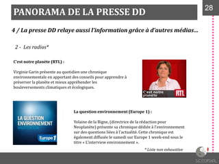 PANORAMA DE LA PRESSE DD 2828
4 / La presse DD relaye aussi l’information grâce à d’autres médias…
2 - Les radios*
C’est notre planète (RTL) :
Virginie Garin présente au quotidien une chronique
environnementale en apportant des conseils pour apprendre à
préserver la planète et mieux appréhender les
bouleversements climatiques et écologiques.
La question environnement (Europe 1) :
Yolaine de la Bigne, (directrice de la rédaction pour
Neoplanète) présente sa chronique dédiée à l'environnement
sur des questions liées à l'actualité. Cette chronique est
également diffusée le samedi sur Europe 1 week-end sous le
titre « L'interview environnement ».
* Liste non exhaustive
 