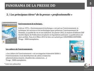 5
PANORAMA DE LA PRESSE DD
2 / Les principaux titres* de la presse « professionnelle »
Environnement & technique :
Créé en 1972, « Environnement & technique » est axé sur l'environnement, la
technique, les services et les technologies pour préserver l'environnement de
l'homme, sa qualité de vie et son industrie. En janvier 2012, la maison d'éditions SAP
Société Alpine de Publication est placée en liquidation judiciaire. La publication est
alors arrêtée. Puis, le12 Mars 2012 le titre est racheté par COGITERRA EDITIONS.
Tirage : 3000 exemplaires.
Les cahiers de l’environnement :
« Les cahiers de l’environnement » est un magazine trimestriel dédié à
l'environnement. Il est distribué lors de salons et dans les
administrations (mairie, chambre des commerces, ...)
Tirage : 5000 exemplaires.
* Liste non exhaustive
 
