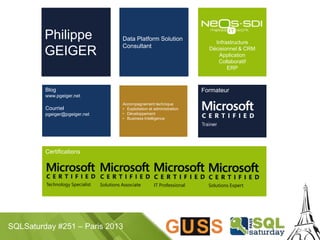 SQLSaturday #251 – Paris 2013
Philippe
GEIGER
Blog
www.pgeiger.net
Courriel
pgeiger@pgeiger.net
Data Platform Solution
Consultant
Accompagnement technique
• Exploitation et administration
• Développement
• Business Intelligence
Formateur
Certifications
Infrastructure
Décisionnel & CRM
Application
Collaboratif
ERP
 