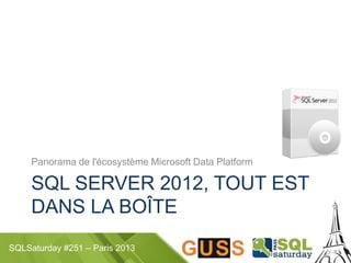 SQLSaturday #251 – Paris 2013
SQL SERVER 2012, TOUT EST
DANS LA BOÎTE
Panorama de l'écosystème Microsoft Data Platform
 