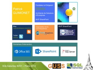 SQLSaturday #251 – Paris 2013
Domaines d’intervention
Patrick
GUIMONET
Blog
blogs.developpeur.org/patricg
Twitter
patricg
Fondateur et Dirigeant
Abalon
Architecte de Solutions
d’Entreprise
MVP SharePoint
Organisateur de la
Conf’SharePoint
MVP SharePoint
 