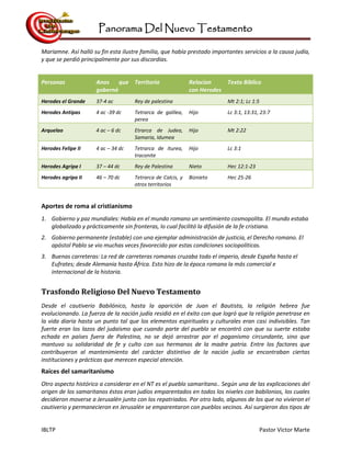 Panorama Del Nuevo Testamento
IBLTP Pastor Victor Marte
Mariamne. Así halló su fin esta ilustre familia, que había prestado importantes servicios a la causa judía,
y que se perdió principalmente por sus discordias.
Personas Anos que
gobernó
Territorio Relacion
con Herodes
Texto Biblico
Herodes el Grande 37-4 ac Rey de palestina Mt 2:1; Lc 1:5
Herodes Antipas 4 ac -39 dc Tetrarca de galilea,
perea
Hijo Lc 3:1, 13:31, 23:7
Arquelao 4 ac – 6 dc Etrarca de Judea,
Samaria, Idumea
Hijo Mt 2:22
Herodes Felipe II 4 ac – 34 dc Tetrarca de iturea,
traconite
Hijo Lc 3:1
Herodes Agripa I 37 – 44 dc Rey de Palestina Nieto Hec 12:1-23
Herodes agripa II 46 – 70 dc Tetrarca de Calcis, y
otros territorios
Biznieto Hec 25-26
Aportes de roma al cristianismo
1. Gobierno y paz mundiales: Había en el mundo romano un sentimiento cosmopolita. El mundo estaba
globalizado y prácticamente sin fronteras, lo cual facilitó la difusión de la fe cristiana.
2. Gobierno permanente (estable) con una ejemplar administración de justicia, el Derecho romano. El
apóstol Pablo se vio muchas veces favorecido por estas condiciones sociopolíticas.
3. Buenas carreteras: La red de carreteras romanas cruzaba todo el imperio, desde España hasta el
Eufrates; desde Alemania hasta África. Esto hizo de la época romana la más comercial e
internacional de la historia.
Trasfondo Religioso Del Nuevo Testamento
Desde el cautiverio Babilónico, hasta la aparición de Juan el Bautista, la religión hebrea fue
evolucionando. La fuerza de la nación judía residió en el éxito con que logró que la religión penetrase en
la vida diaria hasta un punto tal que los elementos espirituales y culturales eran casi indivisibles. Tan
fuerte eran los lazos del judaísmo que cuando parte del pueblo se encontró con que su suerte estaba
echada en países fuera de Palestina, no se dejó arrastrar por el paganismo circundante, sino que
mantuvo su solidaridad de fe y culto con sus hermanos de la madre patria. Entre los factores que
contribuyeron al mantenimiento del carácter distintivo de la nación judía se encontraban ciertas
instituciones y prácticas que merecen especial atención.
Raíces del samaritanismo
Otro aspecto histórico a considerar en el NT es el pueblo samaritano.. Según una de las explicaciones del
origen de los samaritanos éstos eran judíos emparentados en todos los niveles con babilonios, los cuales
decidieron moverse a Jerusalén junto con los repatriados. Por otro lado, algunos de los que no vivieron el
cautiverio y permanecieron en Jerusalén se emparentaron con pueblos vecinos. Así surgieron dos tipos de
 