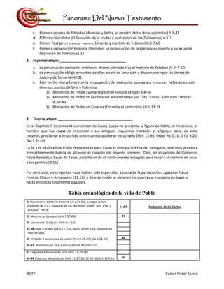 Panorama Del Nuevo Testamento
IBLTP Pastor Victor Marte
c. Primera prueba de fidelidad (Ananias y Safira, el arresto de los doce apóstoles) 5:1-42
d. El Primer Conflicto (El Descuido de la viudas y la elección de los 7 diáconos) 6:1-7
e. Primer Testigo (El término gr. «martyr») (Arresto y martirio de Esteban) 6:8-7:60
f. Primera persecución Romana (Herodes: su persecución de la iglesia y su muerte y sucecuente
liberación de Pedro) cap.12
3. Segunda etapa: _________________________________
a. La persecución contra los cristianos desencadenada tras el martirio de Esteban (6.8–7.60)
b. La persecución obligó a muchos de ellos a salir de Jerusalén y dispersarse «por las tierras de
Judea y de Samaria» (8.1).
c. Este hecho vino a favorecer la propagación del evangelio, que ya por entonces había alcanzado
diversos puntos de Siria y Palestina:
1) Ministerio de Felipe (Samaria y con el eunuco etíope) 8.4-40
2) Ministerio de Pedro en la costa del Mediterraneo (en Lida “Eneas” y en Jope “Dorcas”
9:30–43
3) Ministerio de Pedro en Cesárea (Cornelio el centurión) 10:1-11:18
4. Tercera etapa: _____________________________________
En el Capitulo 9 tenemos la conversión de Saulo, Lucas no presenta la figura de Pablo, el misionero, el
hombre que fue capaz de renunciar a sus antiguos esquemas mentales y religiosos para, de todo
corazón, proclamar a Jesucristo ante cuantos quisieran escucharlo (Hch 13.46; véase Ro 1.16; 1 Co 9.20;
Gal 2.7–10).
La fe y la vitalidad de Pablo representan para Lucas la energía interna del evangelio, que muy pronto e
irresistiblemente habría de alcanzar el corazón del imperio romano. Dios, en el camino de Damasco,
había llamado a Saulo de Tarso, para hacer de él «instrumento escogido para llevar» el nombre de Jesús
a los gentiles (9.15).
Por otro lado, los creyentes «que habían sido esparcidos a causa de la persecución... pasaron hasta
Fenicia, Chipre y Antioquía» (11.19), y de este modo se abrieron las puertas al evangelio en lugares
hasta entonces totalmente paganos:
Tabla cronológica de la vida de Pablo
5 Nacimiento de Saulo. Entre 6 a.C y 10 d.C, aunque quizás
alrededor de 5 d.C. (basado en los términos “joven” Hch 7:58, y
“anciano” Flm 9)
5 d.C Redacción de las Cartas
35 Martirio de Esteban (Hch 7:57-60)
35 Conversión De Saulo (Hch 9:1-19)
35-38 Viaje a Arabia (Gá 1:117) Se ajusta a Hch 9:23, durante los
“muchos días”
38 Visita de 2 semanas a Jerusalén (Hch9:26-29); Gá 1:18-19)
38-43 Ministerio en Siria y Cilicia (Hch 9:30; Gá 1:21)
35
40
43 Llegada a Antioquia de Siria (Hch 11:25-26)
43-44 Viaje por la hambruna (Hch 11:27-30; 12:25; Gá 2:1-10?) La 45
 
